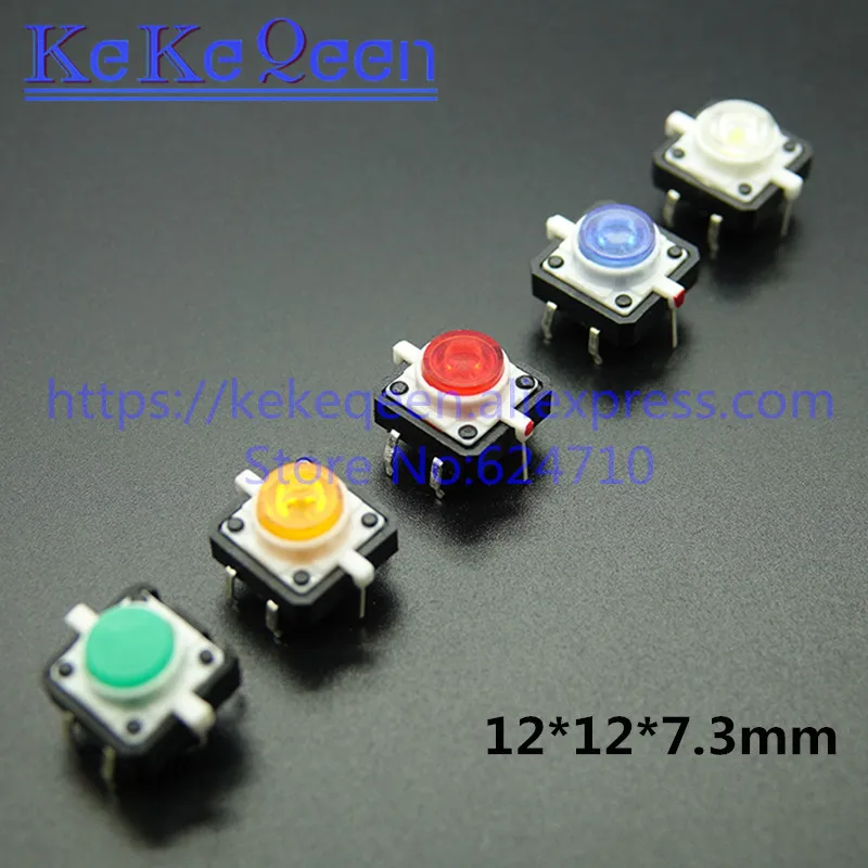 

50pcs Colourful Tactile Push Button Switch Momentary 12*12*7.3MM Micro switch 4 pin reset green white blue yellow red with light