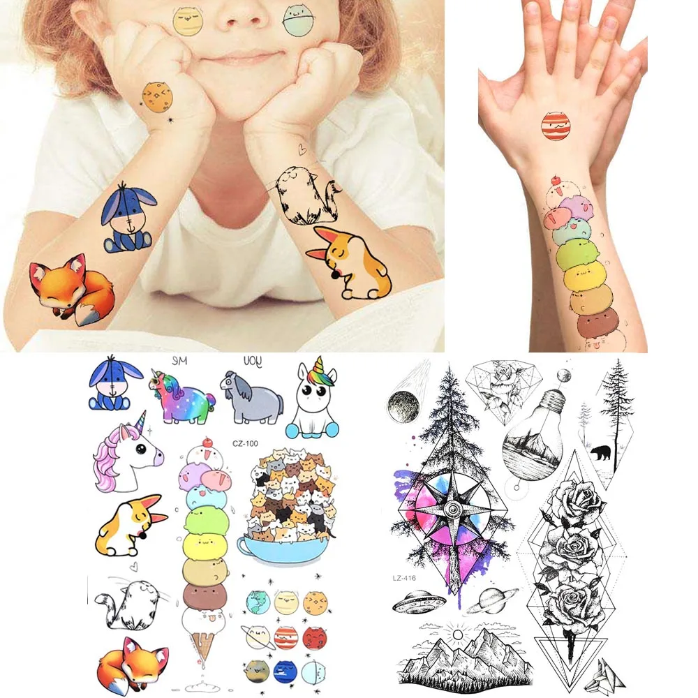 Colorful Kid Face Arm Cartoon Temporary Tattoo Boys Legs Fox Women Tattoo Stickers Flash Baby Waterproof Geometry Tree Tatoos