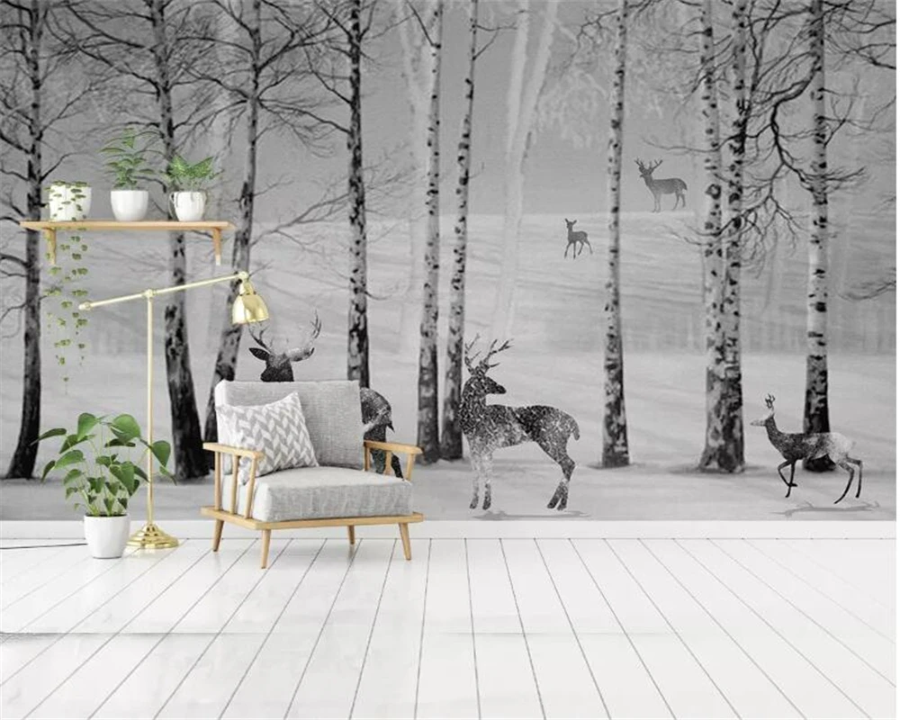 

beibehang wallpapers for living room Modern abstract Black and white woods elk mural tv living room background wall 3d wallpaper