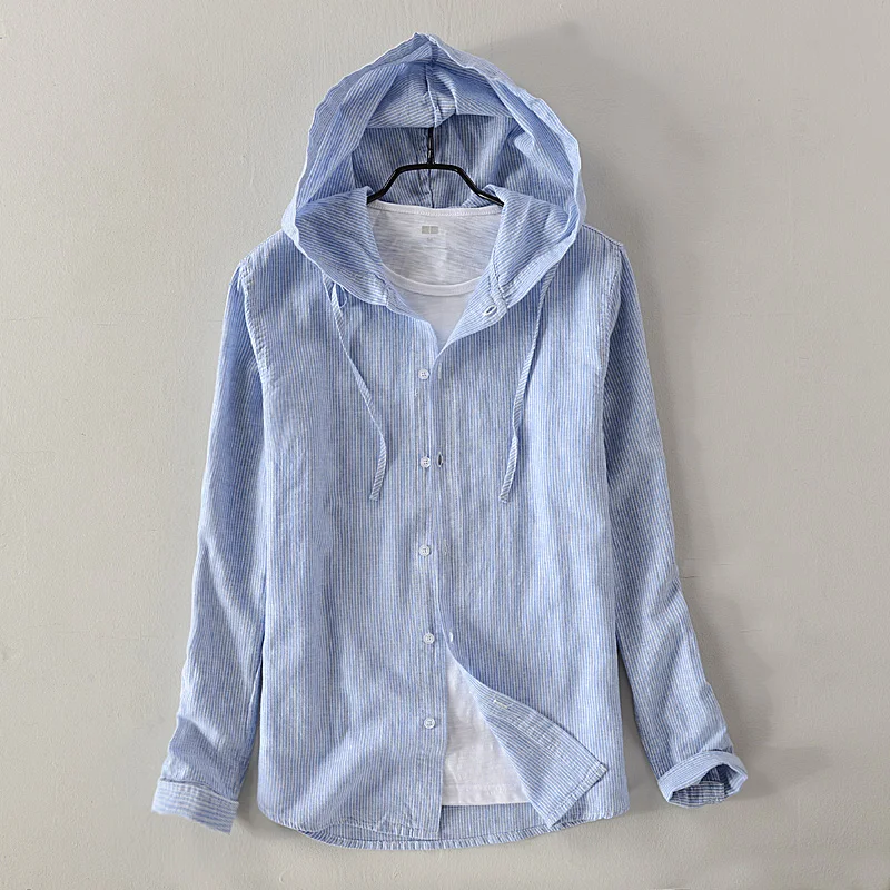 New men\'s cotton and linen casual hooded long-sleeved shirt solid sky blue shirts men fashion top male camisa masculina chemise