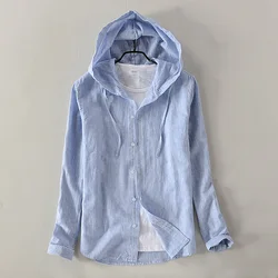 New men's cotton and linen casual hooded long-sleeved shirt solid sky blue shirts men fashion top male camisa masculina chemise