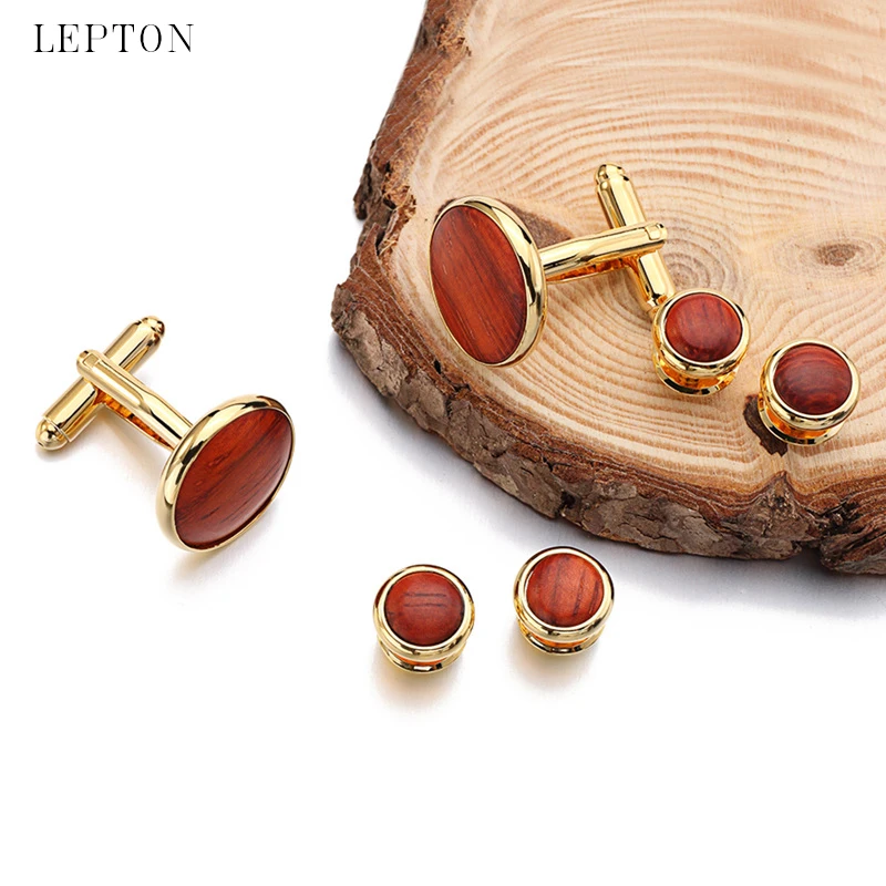 Lepton High Quality Round Wood Cufflinks tuxedo studs Sets Gold Color Plated  Mens cuff links Formal Business wedding Jewelry