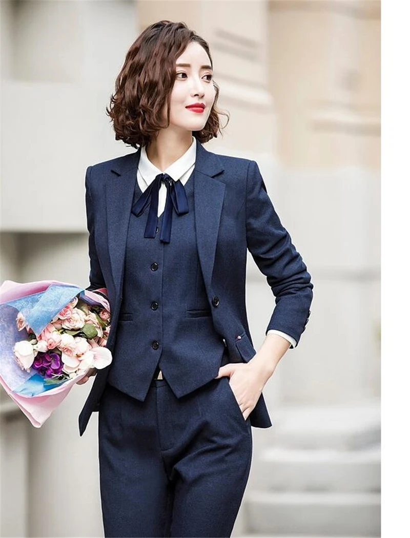 Formal Navy 3 Piece Sets Work Pant Suits OL Single Breasted Women Blazer Jacket & Zipper Trousers & Vest Suit For Women Set