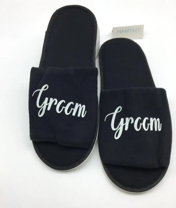 personalize language black Wedding groom Slippers, Bride Slippers, Groomsman Slippers custom Print shoes birthday slippers