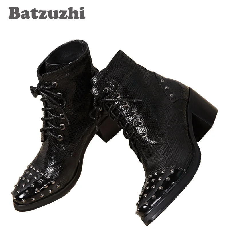 

Batzuzhi 6.8CM High Heels Boots Men Genuine Leather Men's Oxfords Boots Round Toe Rivets Square Men Boots Botas Hombre, EU38-46