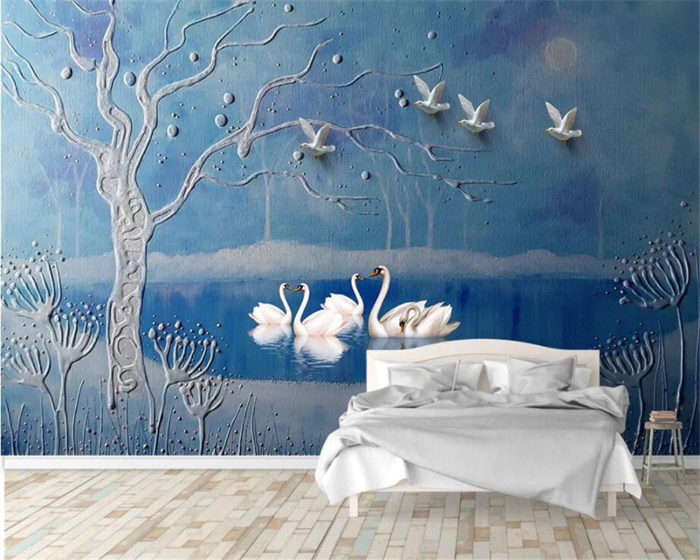 

beibehang Custom Wallpaper Home Decorative Mural Three - dimensional Oil Painting Swan Lake Tree Trees TV Wall 3d wallpaper