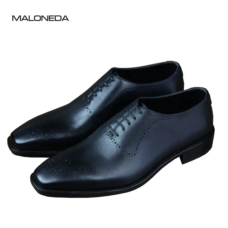 MALONEDA Goodyear Black Genuine Leather Brogue Shoes Handmade Comfortable Lace up Oxfords Leather Shoes for Male