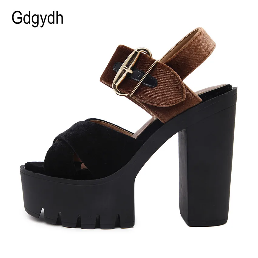 Gdgydh Summer Flock Women Sandals Platform Square Heels Female Shoes Fashion Buckle High Heeled Shoes Women Comfortable 2021 New