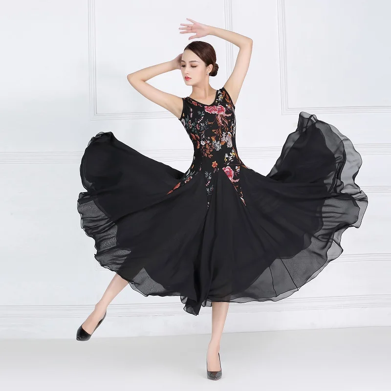 Novo vestido feminino para concurso de salões de baile, fantasia moderna de dança valsa tango e renda com decote em v