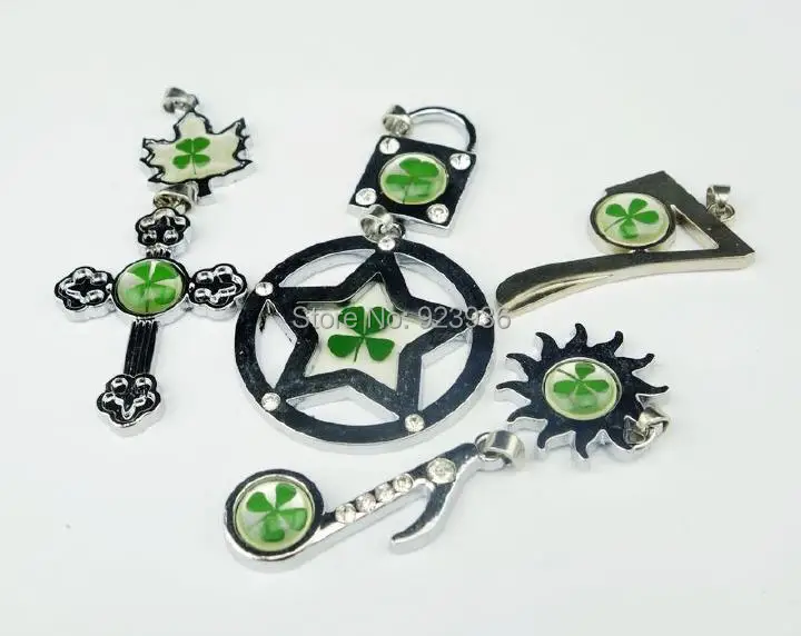 Real Green Shamrock 7 PCS Real Four-Leaf Clover Mix shaped Pendant Necklace Good Lucky Gift