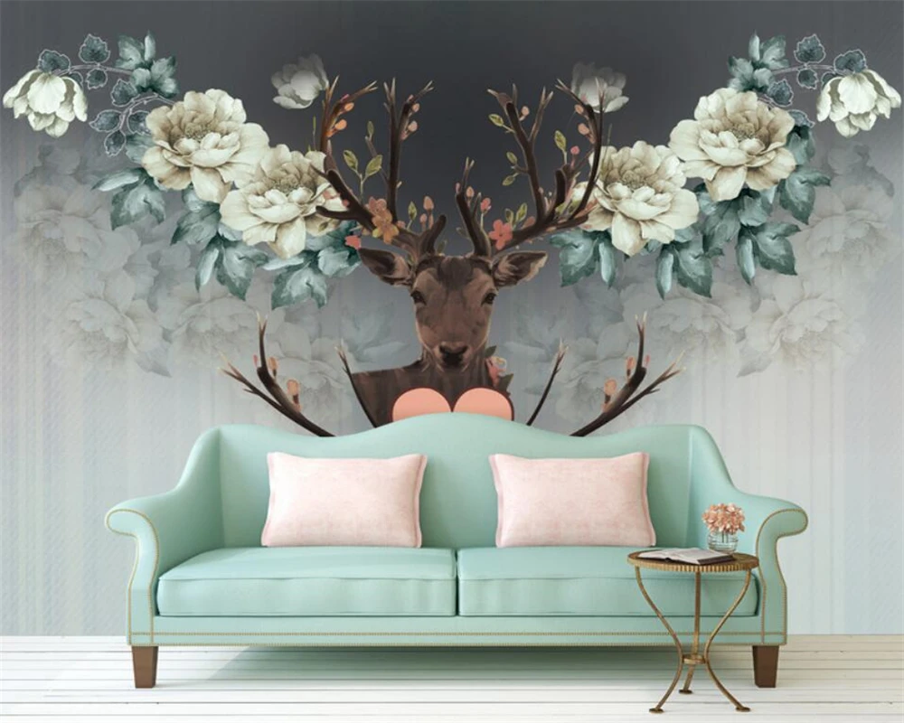 Beibehang photo wall mural wallpaper Deer head white peony hand painted wallpaper papel de parede 3d wall papers home decor