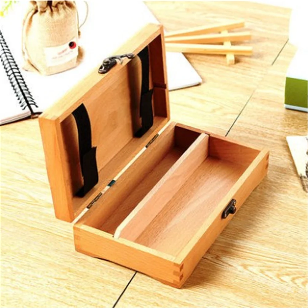 Square Wood Stationery Holders Pencil Case with Lock Simple Art Collection Box