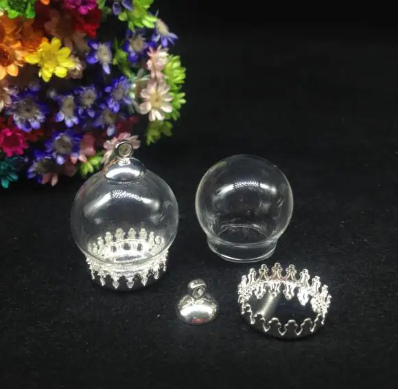 50pcs 20*15mm glass globe bubble mix base 8mm beads cap set glass vial pendant necklace glass cover dome bottle jars cute charms