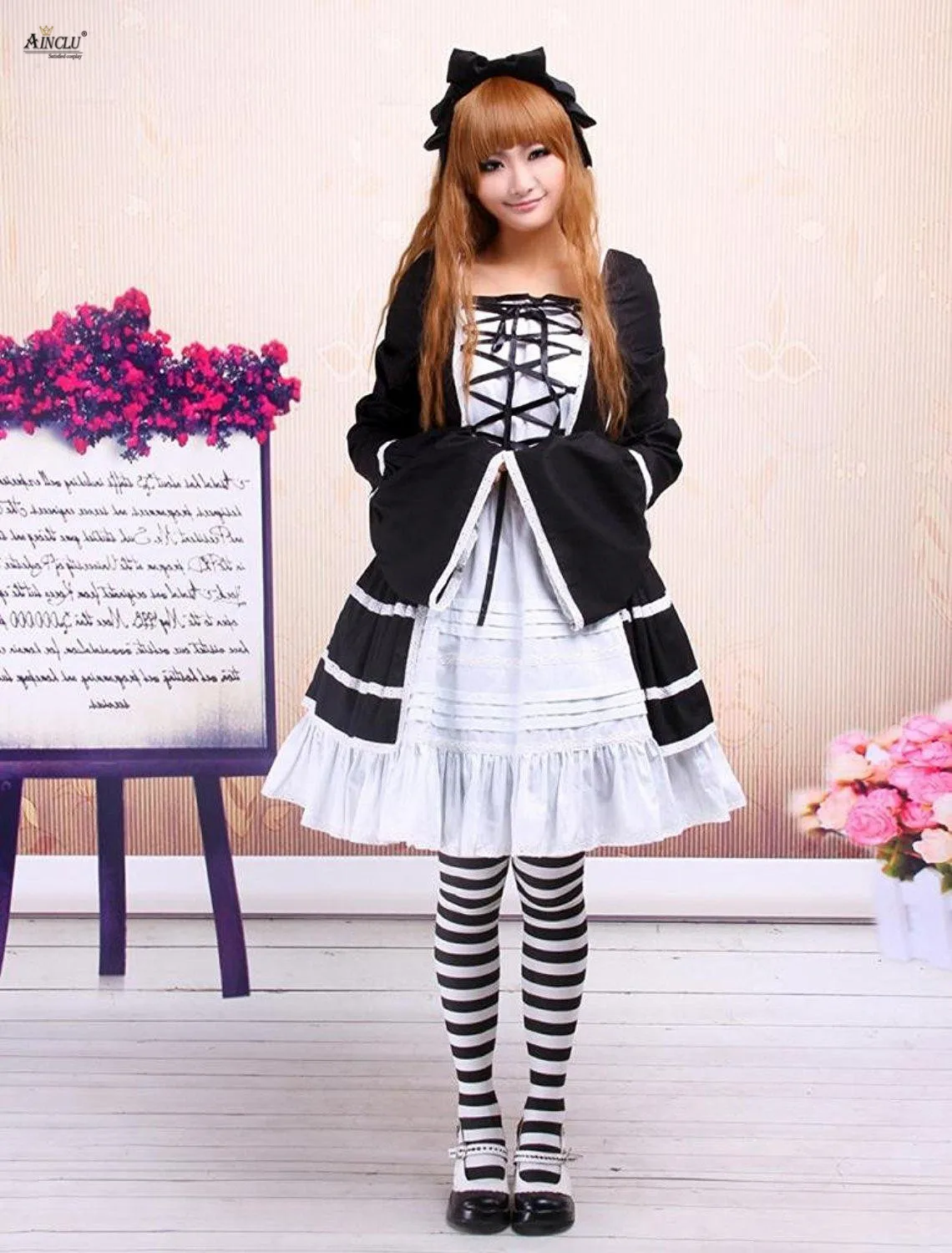 Primavera/Estate/Autunno/Inverno Ainclu Abito Lolita gotico in cotone a maniche lunghe in bianco e nero da donna S-XXL