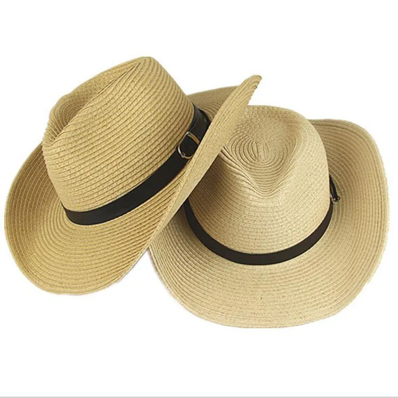 Men Summer Cowboy Knit Straw Hat Fashion Big Wide Brim Casual Beach Sun Sunscreen Block UV Protection Leather Belt Buckle Cap W1