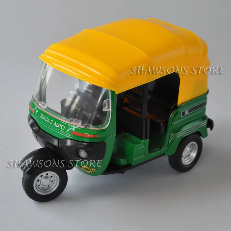 1:14 Schaal Diecast Motorfiets Model Bajaj Auto Motor Driewieler Taxi Miniatuur Replica Terugtrekken Speelgoed Met Geluid En Licht