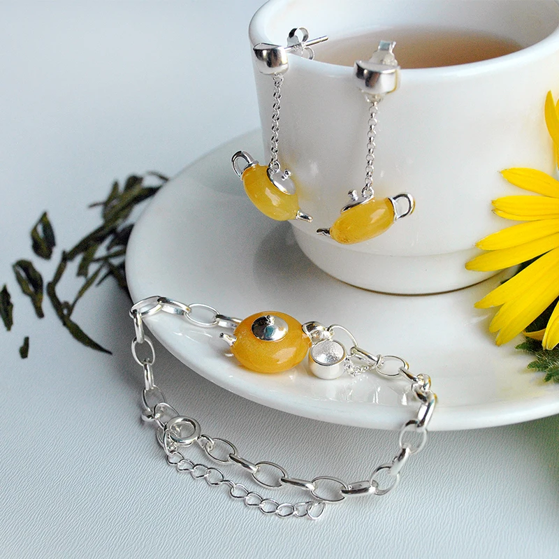 Lotus Fun Moment Real 925 Sterling Silver Natural Stone Handmade Fashion Vintage Cute Teapot Jewelry Set for Women Bijoux