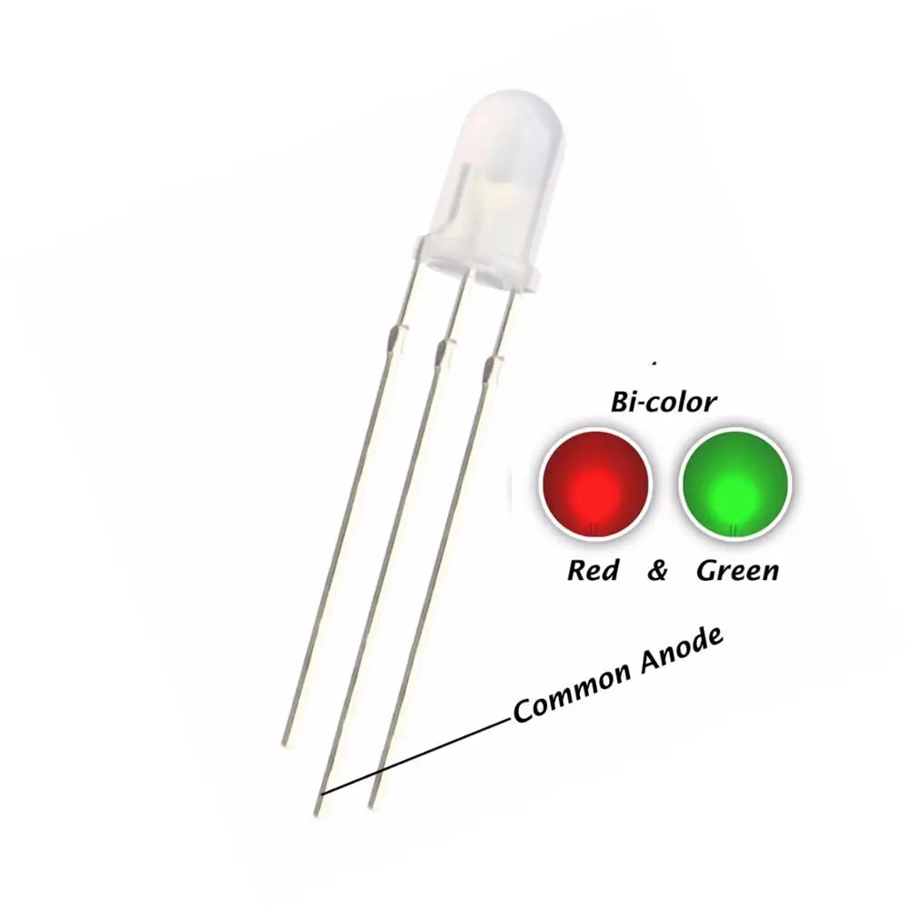 

100PCS, 5MM Red + Green LED, Common Anode, Diffused, DIP-3 20mA 3Pin Light Beads