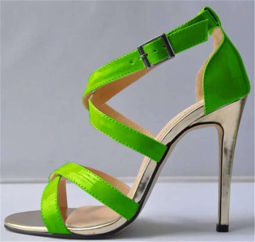 Metal Heel Sexy Crocodile Pattern/Patent Leather Women Sandals 2024 New Open Toe Cross Buckle High Heels Dress Party Shoes Woman