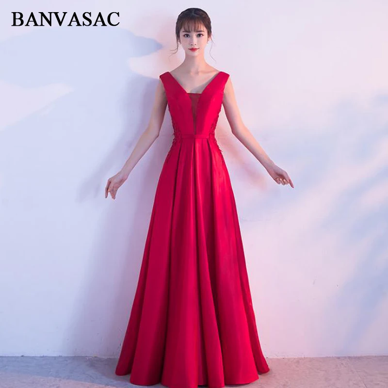 Banvasac decote em v renda apliques uma linha vestidos de noite longos elegante festa faixa cristal sem costas vestidos de baile