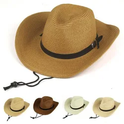 Men Summer Cowboy Knit Straw Hat Fashion Big Wide Brim Casual Beach Sun Sunscreen Block UV Protection Leather Belt Buckle Cap W1