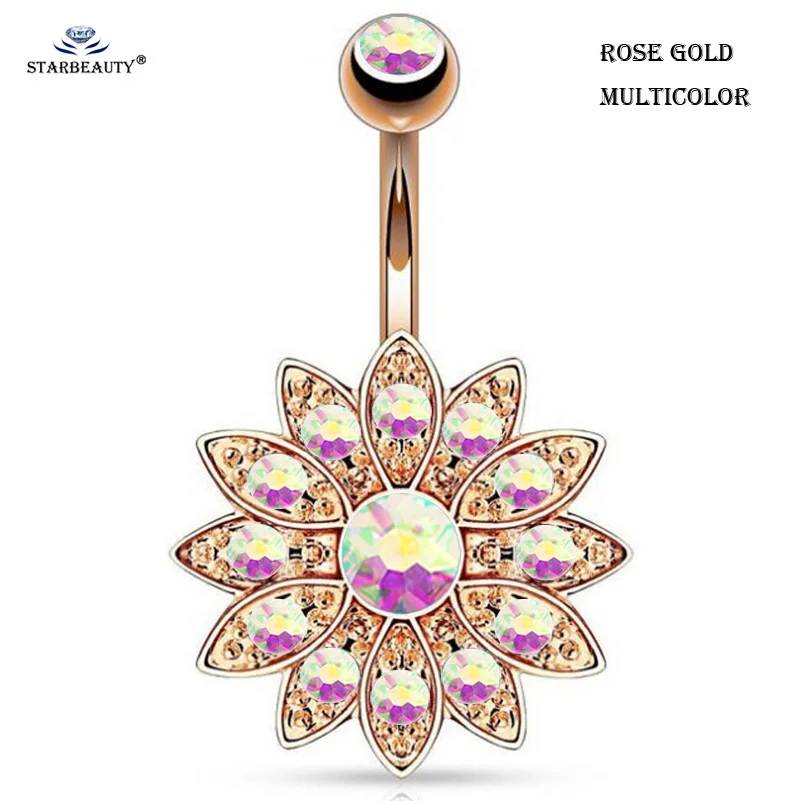 Starbeauty 1pc Rainbow Lotus Belly Piercing pierścionki na pępek pępka Ombligo kwiat kolczyk do pępka kolczyk biżuteria do ciała