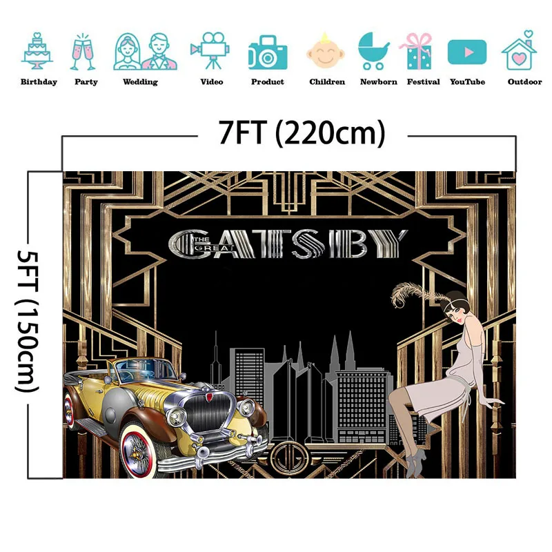 The Great Gatsby Backdrop 1920\'s Retro Flapper Girl Photography Background Vinyl Gatsby Theme Party Banner Backdrops