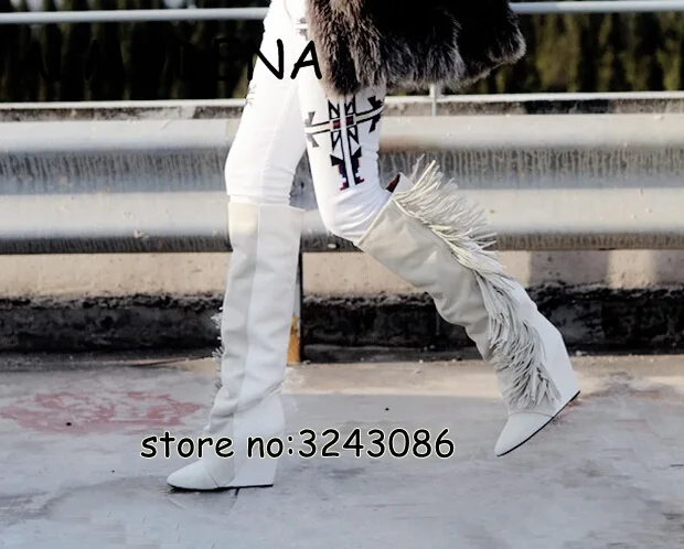 High Top Suede Black White Fringed Woman Knee High Boots Pointed Toe Hidden Wedge Lady Fashion Long Boots Height Increasing