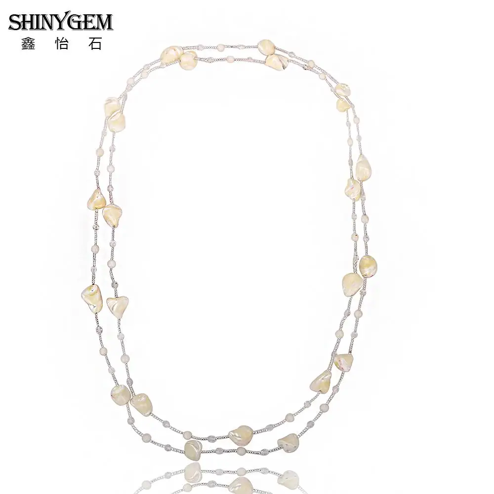 

ShinyGem Double Layer Natural Irregular 12-28mm White Shell Bead Necklace Trendy Sweater Chain Long Necklaces Pendants For Women