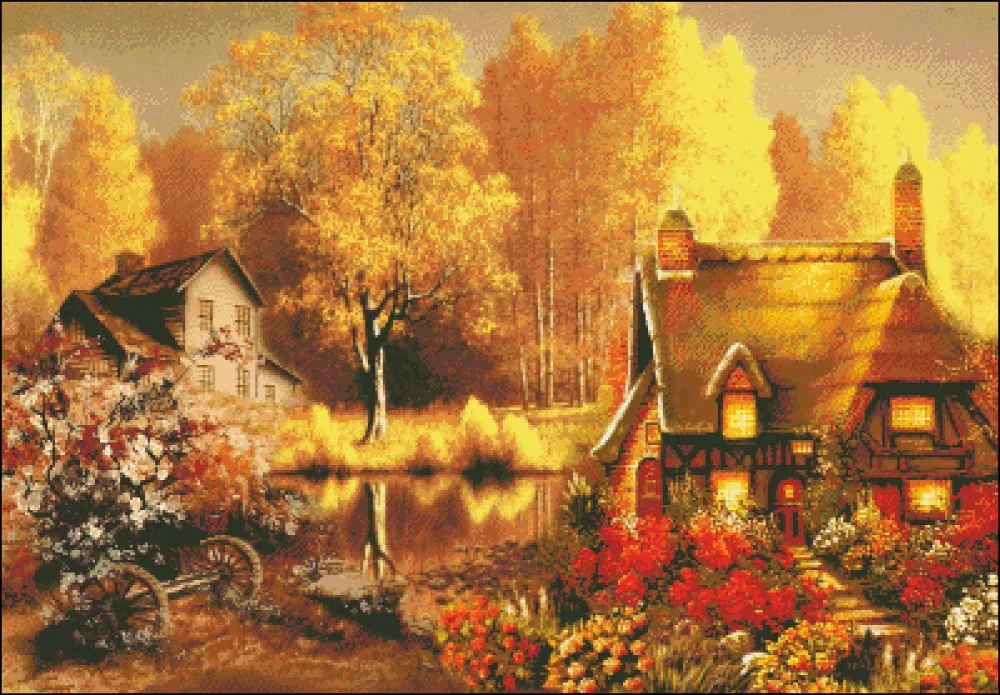 

Embroidery Needlework Autumn forest Scenic Lake House Crafts 14CT Counted Unprinted DIY Cross Stitch Kits Handmade Art Decor