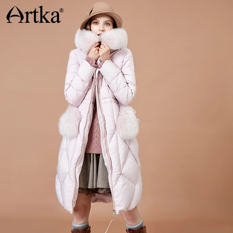 ARTKA 2018 Down Coat Winter Women Warm Down Parkas With Fur Hooded Pocket Thicken 90% White Duck Long Jacket Outwear YK10186D