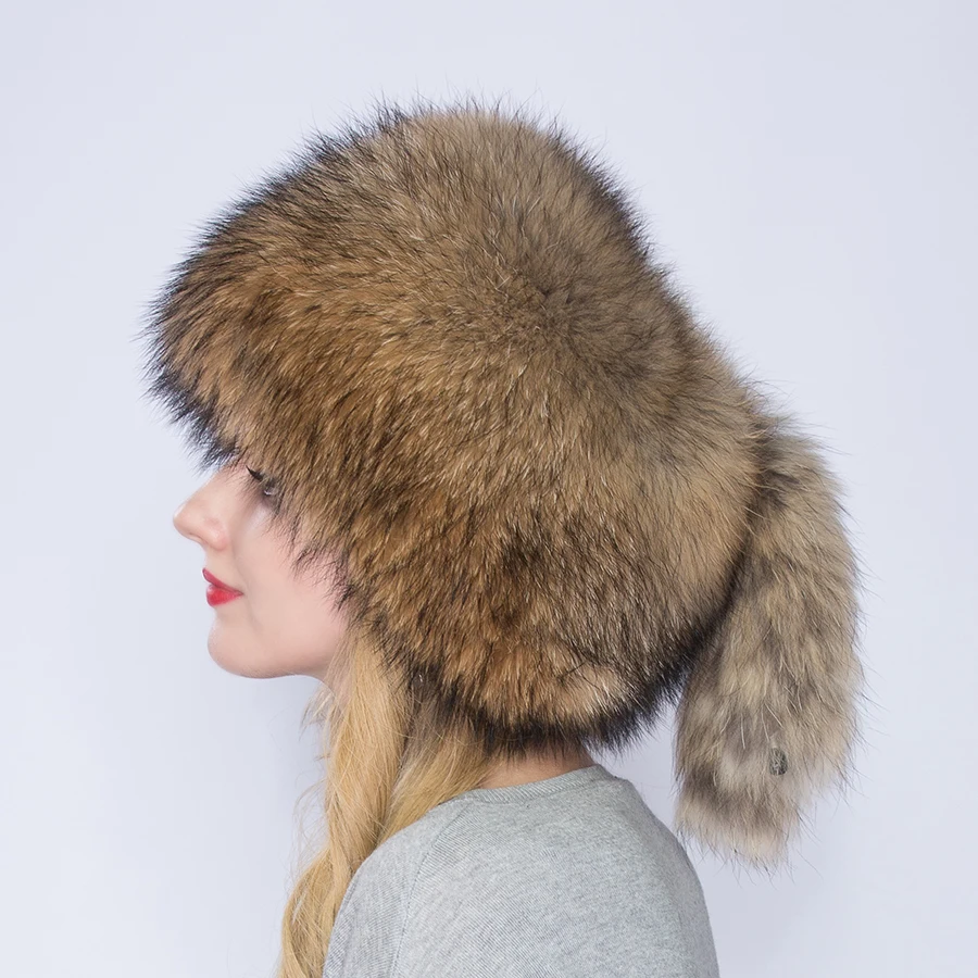 Winter Natural Raccoon Fur Cap Mongolia hat Lady Fashion Raccoon Fur Warm Cap High quality raccoon fur, warm and comfortable