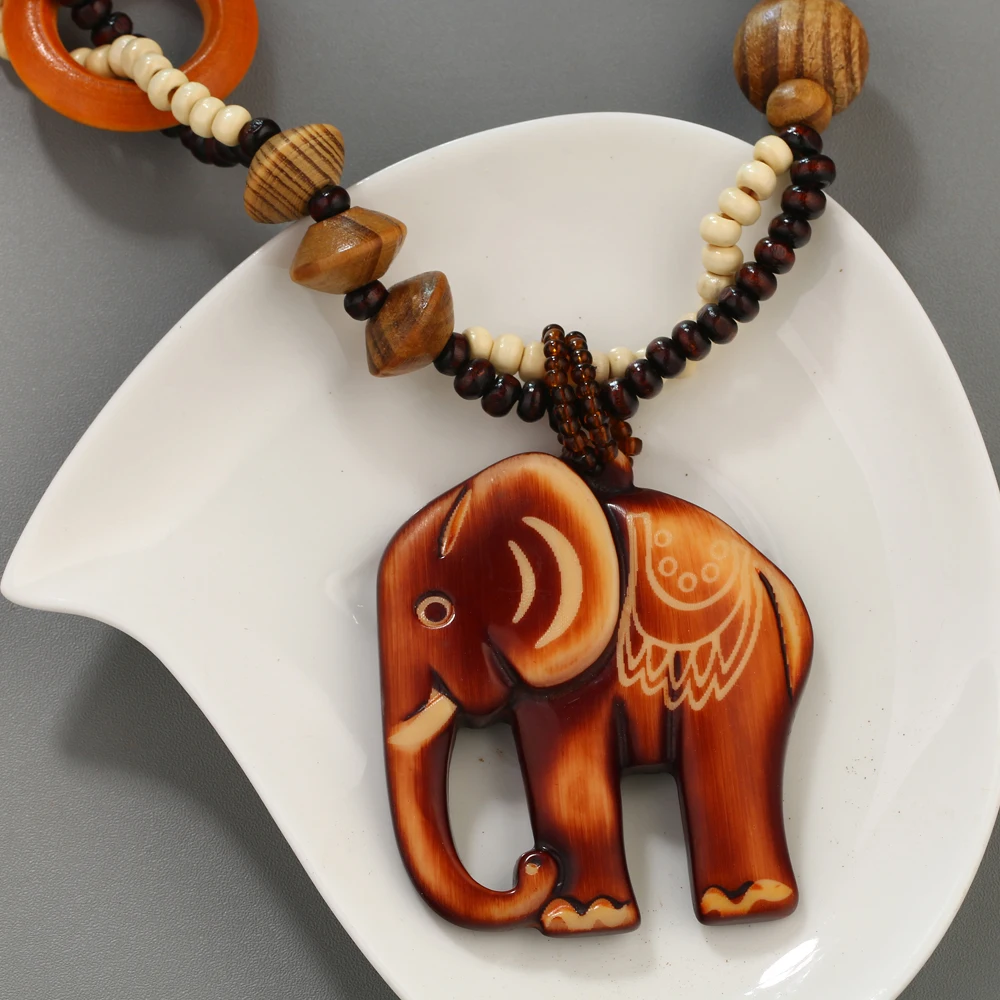 Fashion Bohemian Vintage Ethnic Wood Elephant Long Sweater Chain Necklaces & Pendants for Women Statement Necklace Jewelry 2024