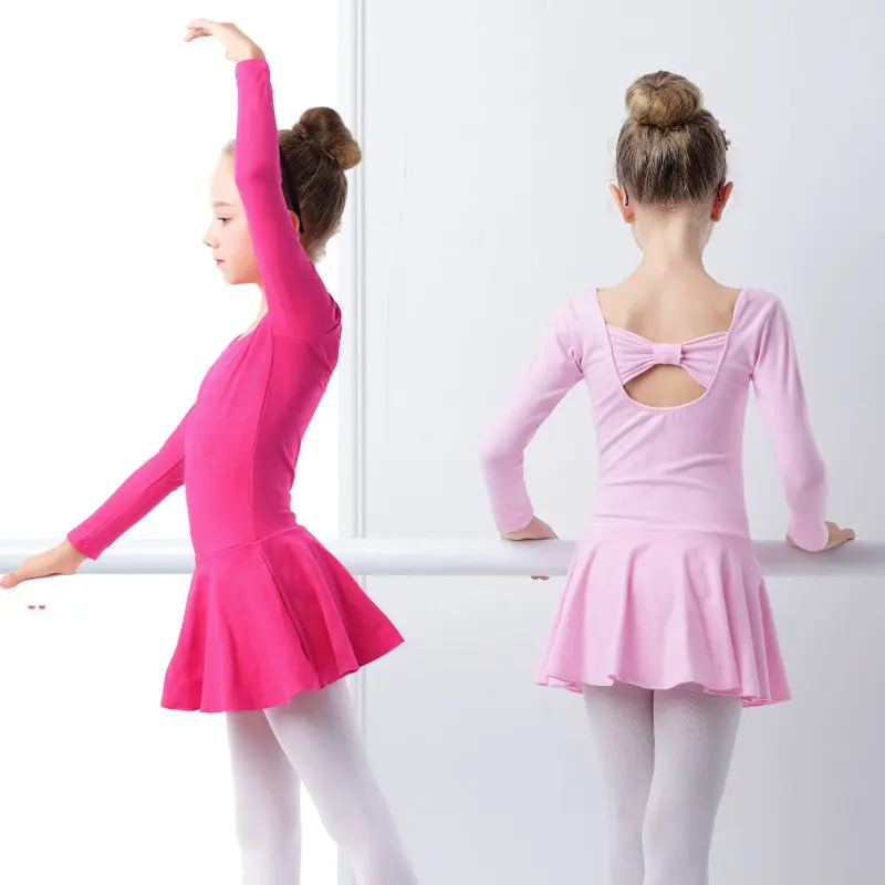 Bé Gái Ba Lê Leotards Nơ Nhảy Đầm Trẻ Em Dài Tay Thể Dục Leotards Hồng Trẻ Em Cotton Thể Dục Dụng Cụ Bodysuits Đầm