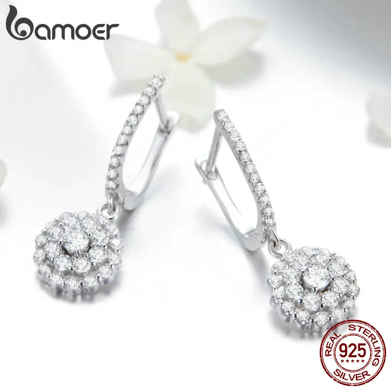 Bamoer Authentic 925 Sterling Silver Shining Cubic Zircon Round Circle Drop Earrings for Women Wedding Engagement Jewelry SCE517