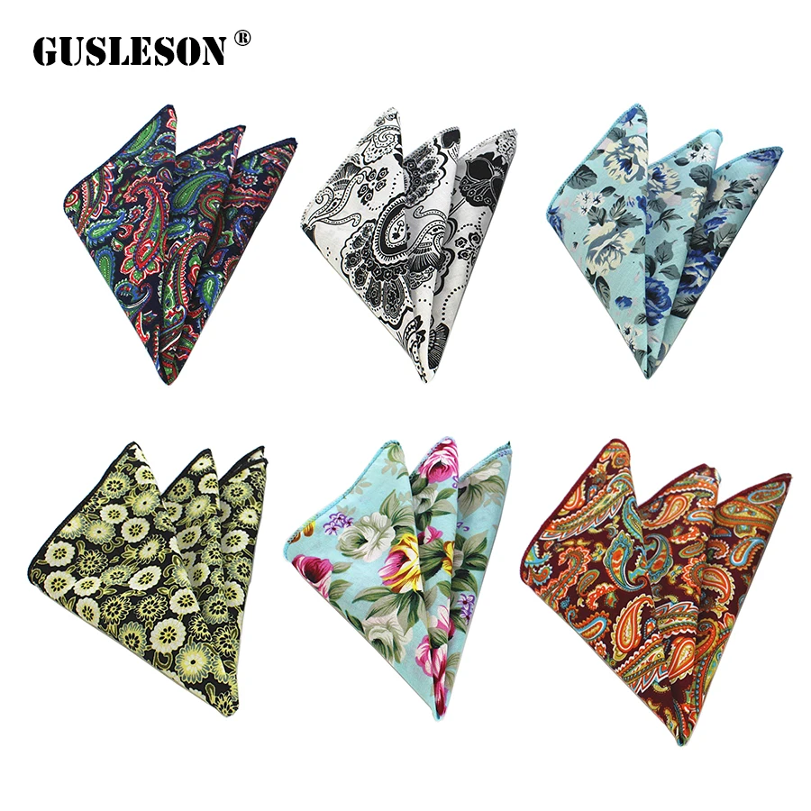 GUSLESON ดอกไม้ผ้าเช็ดหน้าผ้าฝ้าย Paisley รูปแบบ Hanky ผู้ชายธุรกิจ Casual กระเป๋าสแควร์ผ้าเช็ดหน้างานแต่งงาน Hankies