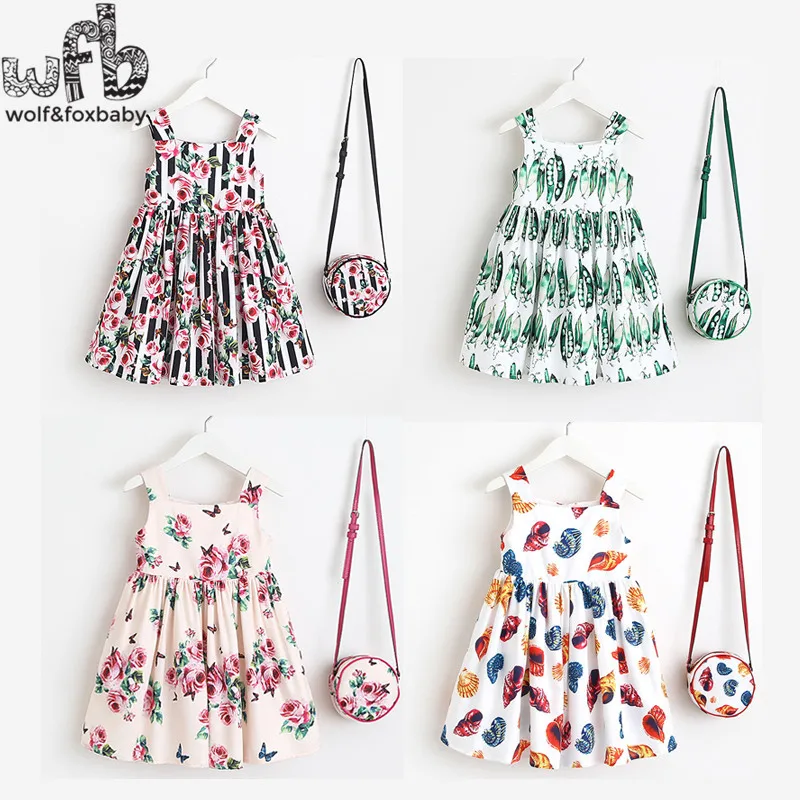 Retail 2-8 years sleeveless girl cotton print dress + bag vest princess children summer flax Country style