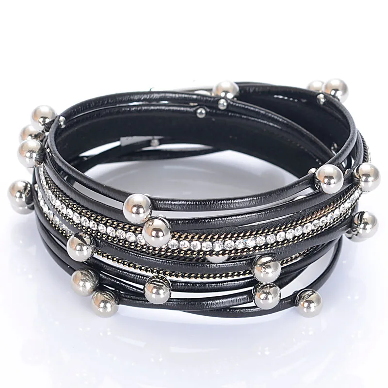 럭셔리 포장 크리스탈 더블 랩 가죽 매력 팔찌 팔찌 리벳 라운드 비즈 다층 여성 쥬얼리 선물
