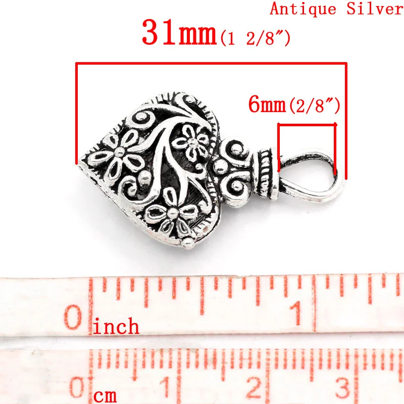 Doreen Box Lovely Charm Pendants Heart Silver Color Hollow Flower Carved 31x19mm,10PCs (B23064)