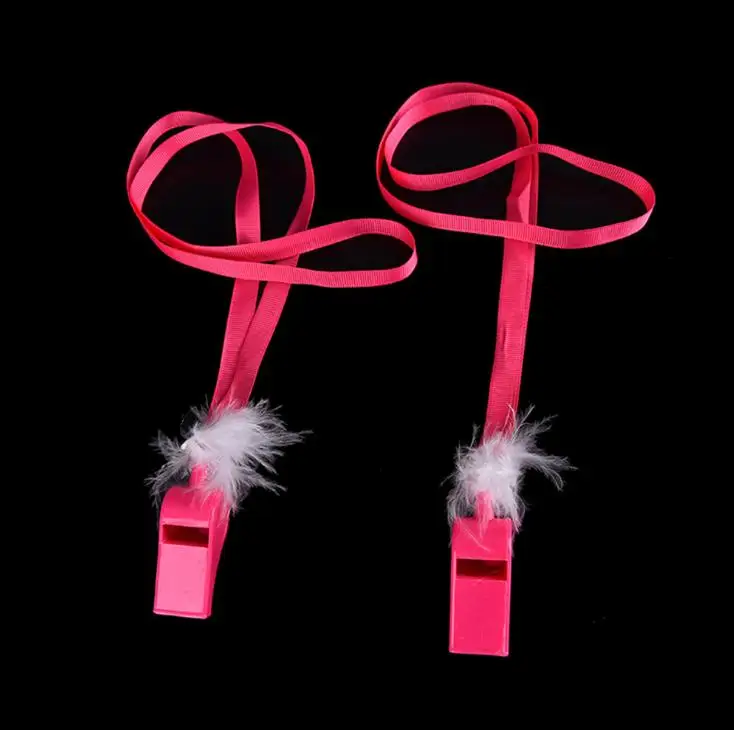 Hot Pink Plastic Whistles With Threaded Strap Hen Party Fashion White Feathers Whistling For Festival Decor SN1730