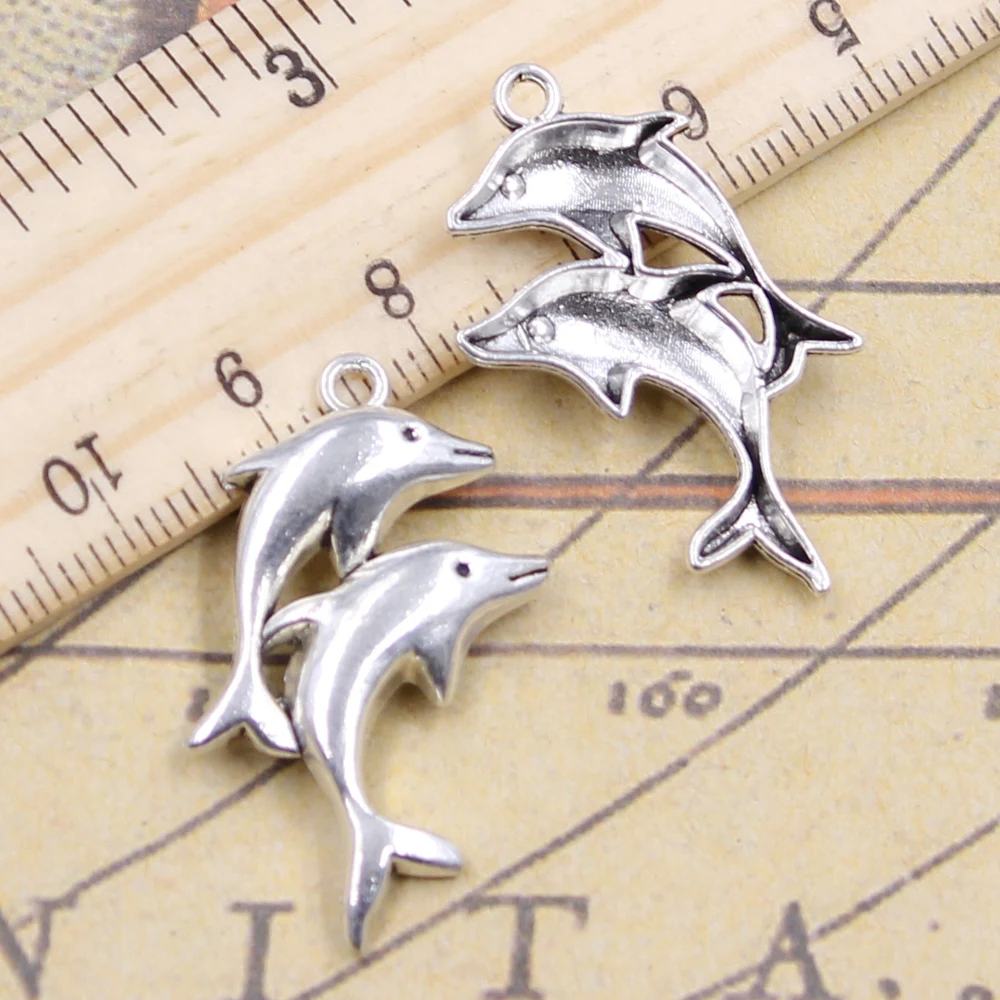 10pcs Charms Double Dolphin Show 32x22mm Antique Silver Color Pendants Making DIY Handmade Jewelry Factory Wholesale