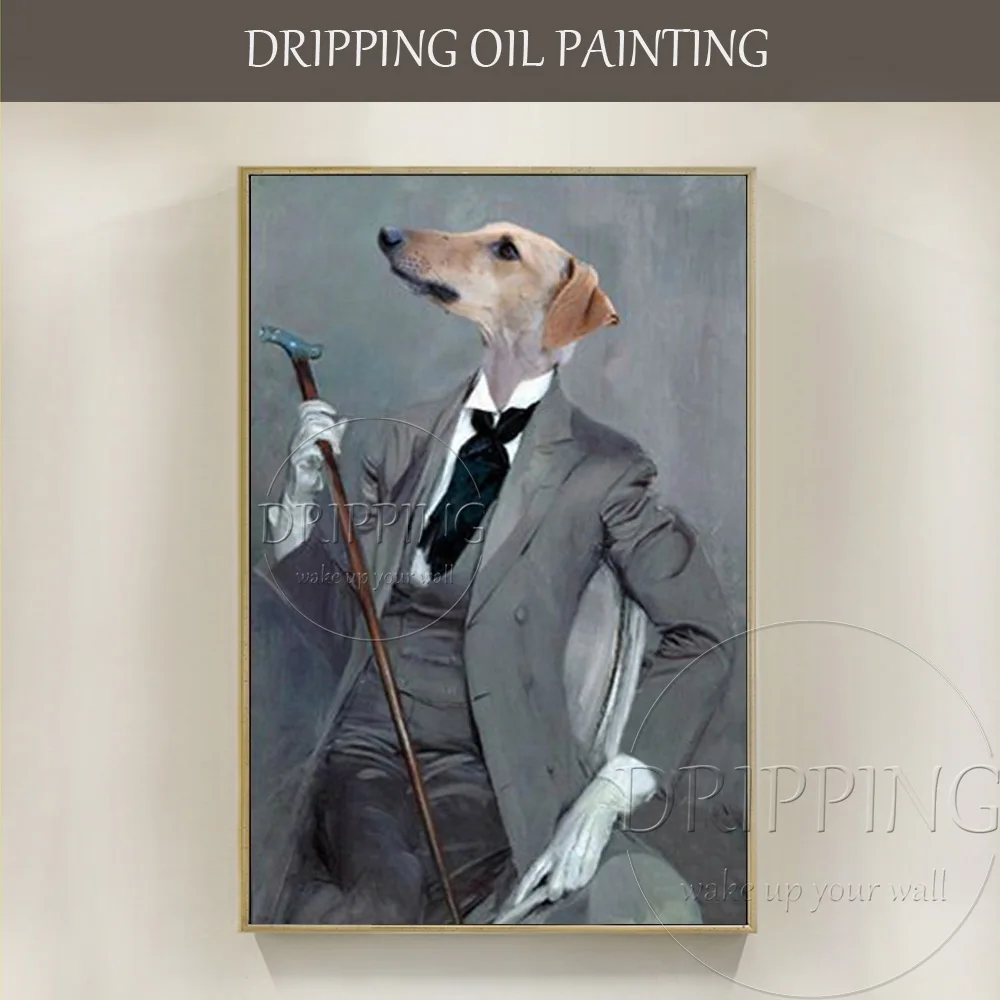 

Professional Artist Design Funny Dog Oil Painting Hand-painted Cartoon Style Gentleman Dog Oil Painting for Living Room