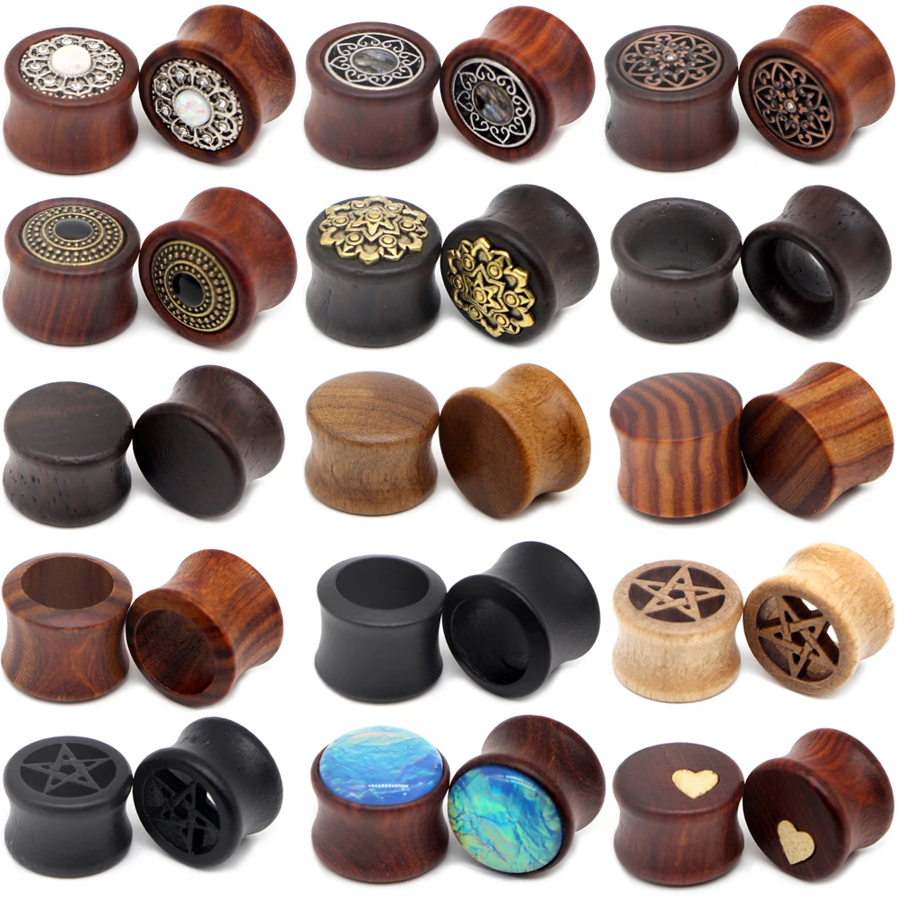 Alisouy 1 piece Ear Plugs Wood Flesh Tunnels Saddle Ear Gauges 8- 25mm Solid Hollow Body Piercing Jewelry Men Women Expanders