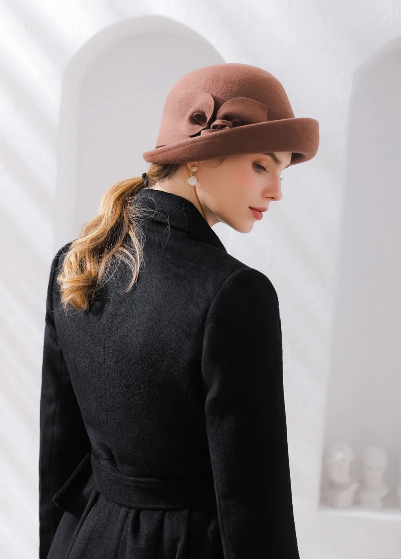 Lady Fedoras Hat Female Woolen Dome Cap Autumn and Winter English Elegant Wool Basin Hats Flower Leisure Joker Hat Adjust B8962