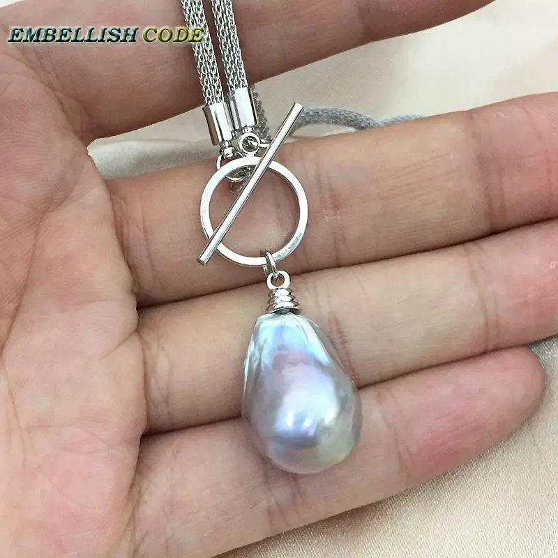 NEW OT circle clasp design gray grey baroque pearl pendant necklace flame ball shape snake Durable chain special