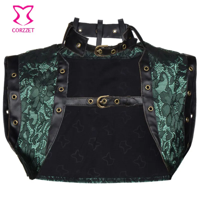 S-6XL Green Floral Brocade Sleeveles Vest Bolero Women Jacket with Leather Collar Gothic Clothing Steampunk Corsets Accessories