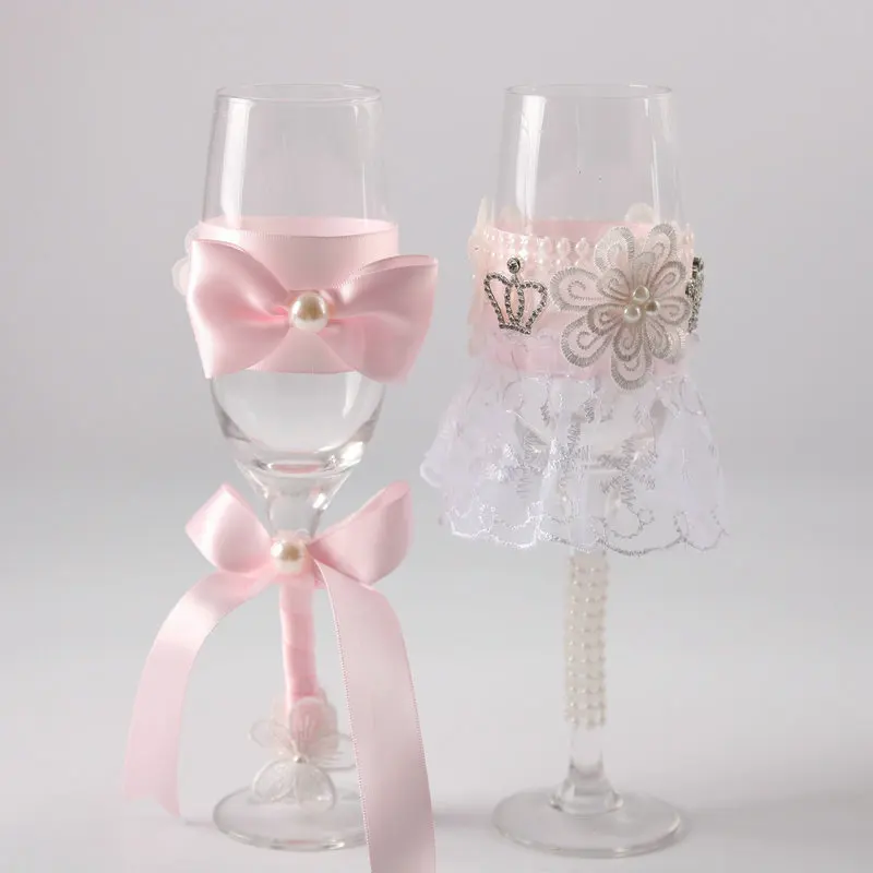 

Newest 1 pair pink bowknot wedding wine cup Wedding Bridal Shower Gift wedding Champagne Toasting Glasses Set