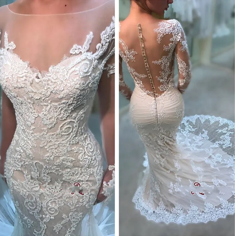 

Robe De Mariage Long Sleeve Appliques Sexy Mermaid Wedding Dresses 2019 Lace Button Bride Wedding Gowns Vestido De Noiva