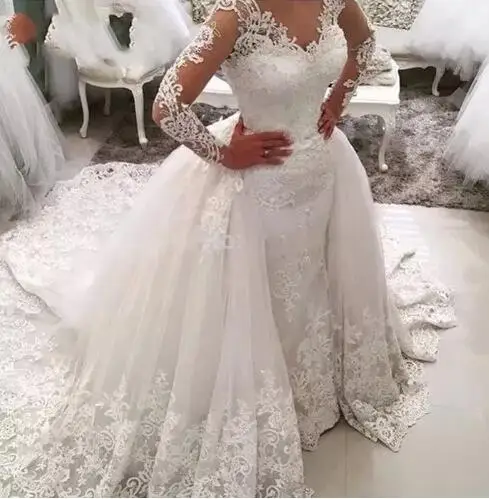 

Vestido de noiva Lace Mermaid Wedding Dress with Detachable Skirt Backless Long Sleeve Saudi Arabia Bridal Wedding Gowns Dubai