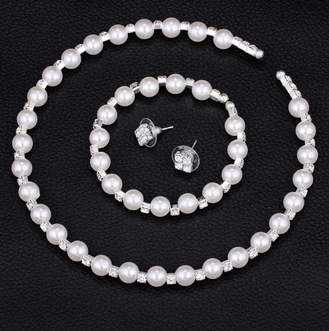 Fashion Wedding Bridal Jewelry Set Pearl Party Prom Silver Color Crystal Bracelet Necklace Earrings for Women jewellery sets